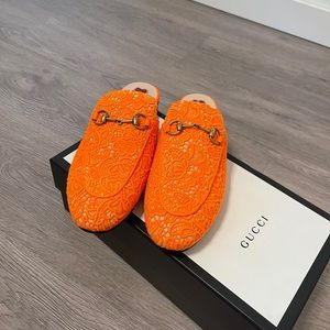 GUCCI Princetown Floral Lace Loafers Orange 38